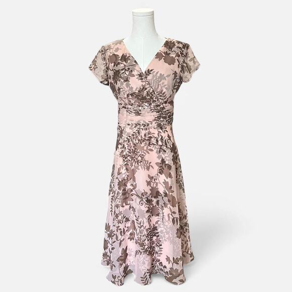VTG Y2K Connected Apparel Peachy Pink & Brown Floral Chiffon Fairy Midi Dress 6 - Picture 3 of 7